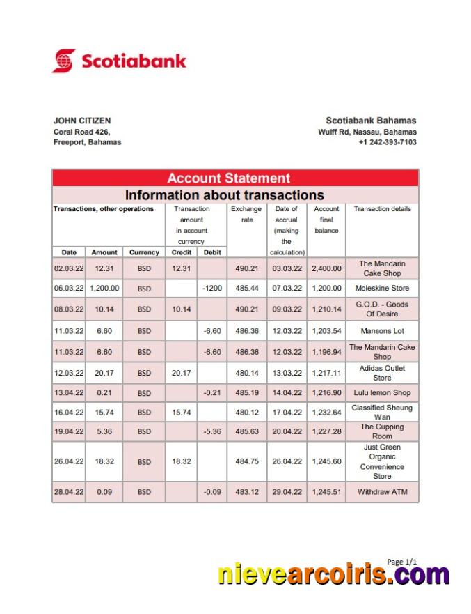 Bahamas Scotiabank bank statement xls